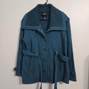 V#49 Sebby Collection Teal Blue‎ Knit Collar Belted Casual Jacket Women's L/G